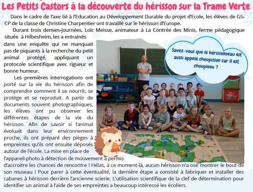 Les Petits Castors à la découverte du hérisson sur la Trame Verte
